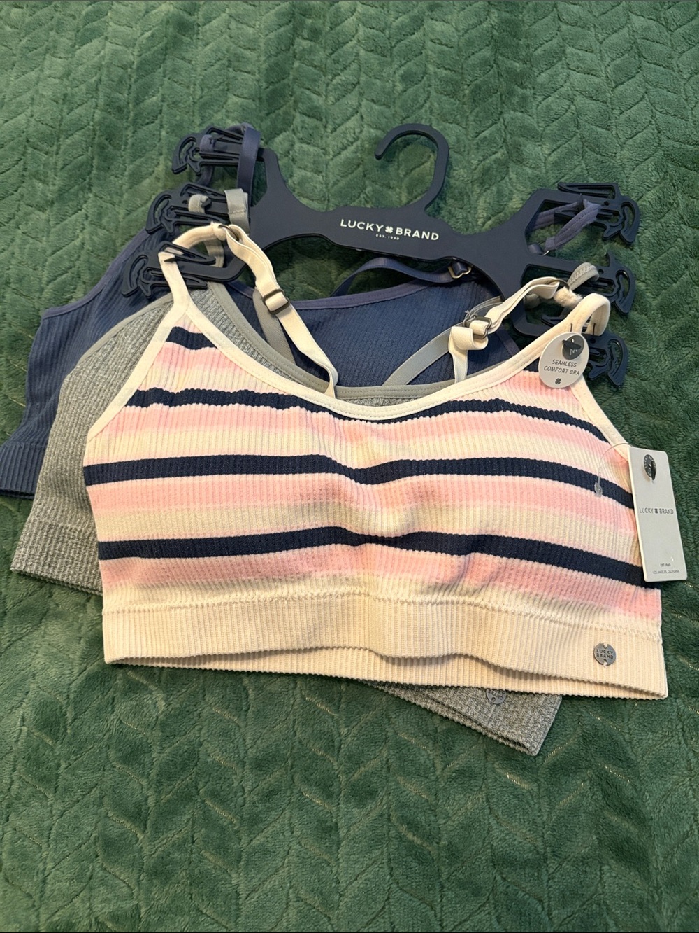 NWT Lucky Brand 3 Pack Seamless Ribbed Bralette Set Blue Gray Striped Medium